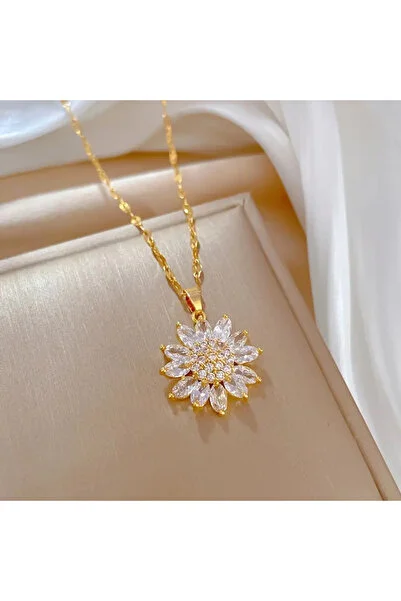 Kadın Ayçiçeği Kolye - Parlak Kübik Zirkonya Taşlı Zarif  Takı